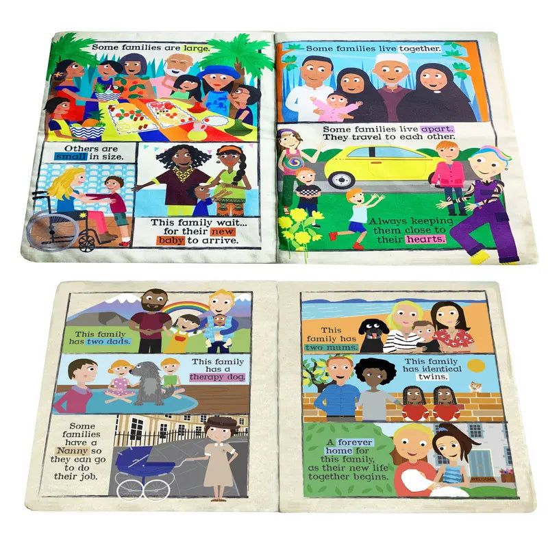 Crinkly Cloth Book What Makes A Family features four illustrated pages with diverse families—large, small, with twins, adopted kids, and multicultural parents—celebrating unity in playful scenes. A perfect baby gift!.