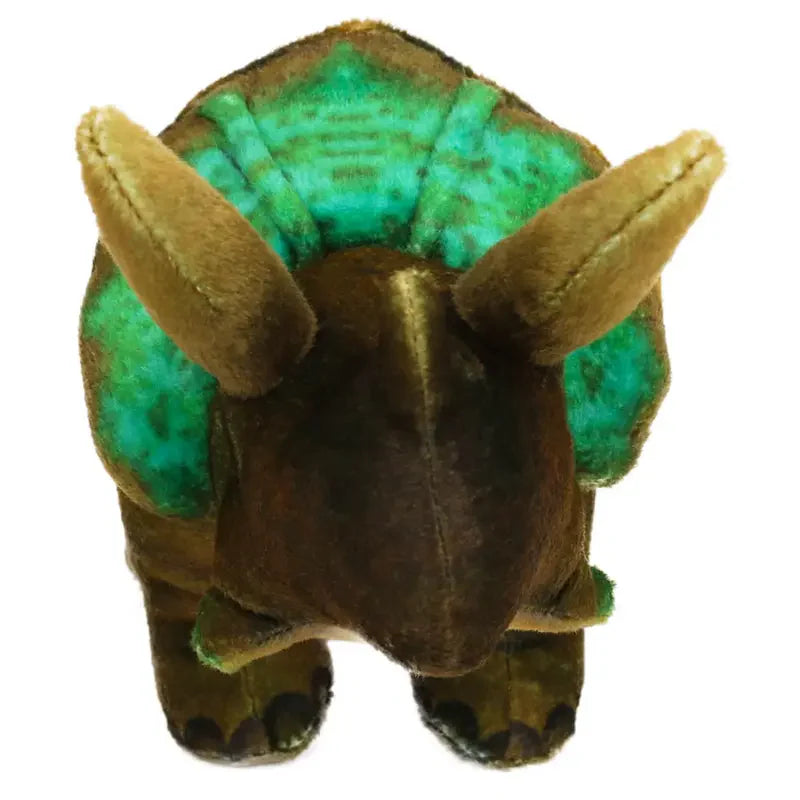 The Natural History Museum Small Triceratops Soft Toy is a brown plush dinosaur with green accents on its frill and back, viewed from above. It features two large horns and a smaller horn on its head.