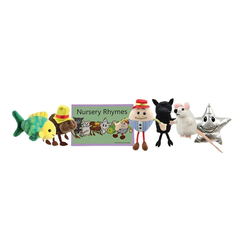 The Puppet Company Finger Puppet Story Set Nursery Rhymes features beloved characters like a colorful fish, playful dog, "Nursery Rhymes" book, Humpty Dumpty, black sheep, white mouse, and shimmering silver star for early learning delight.