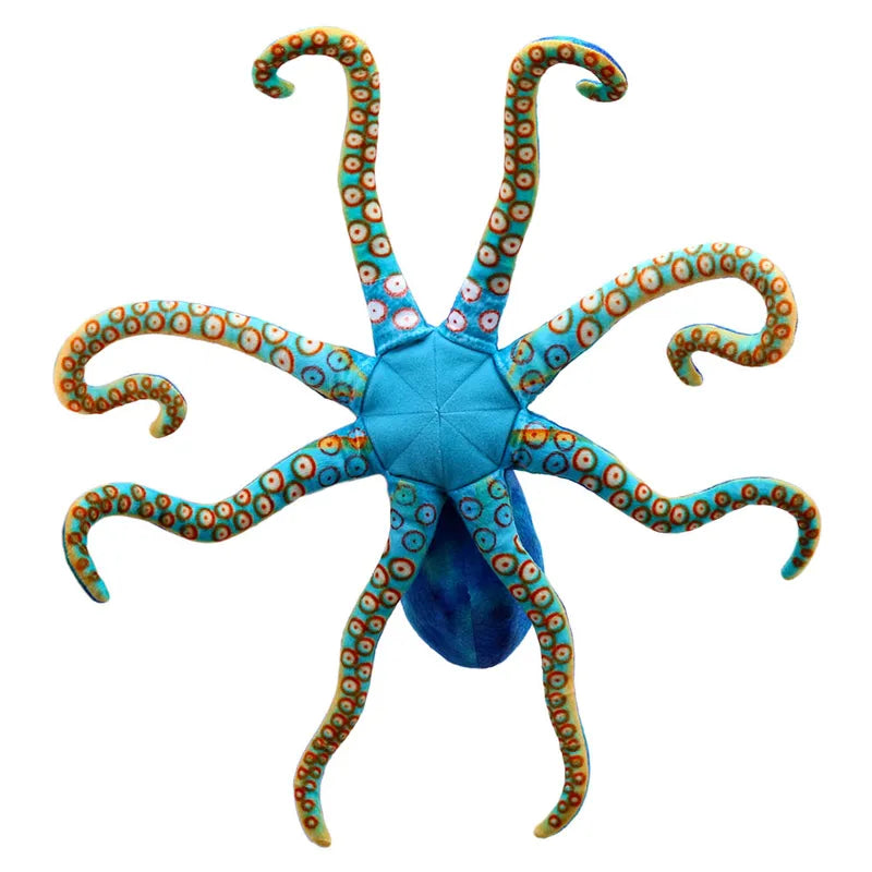 The Puppet Company Large Creature Octopus is a vibrant blue plush toy designed to spark children's imagination, featuring detailed orange and white patterns on its eight soft, symmetrical tentacles against a plain white background.