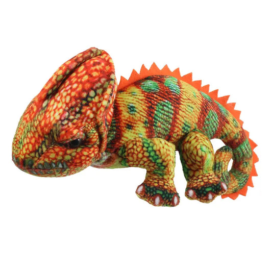 The Puppet Company Orange Chameleon Finger Puppet from the Little Creatures Range features a mix of vibrant colors, a spiked orange crest, and textured fabric, capturing the playful personality of a chameleon.