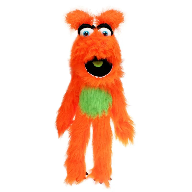 The Puppet Company Orange Monster is a fuzzy puppet featuring an orange body, blue eyes, a wide-open mouth, green belly patch, big eyebrows, and two upright ears against a plain white background. Ideal for any collection.