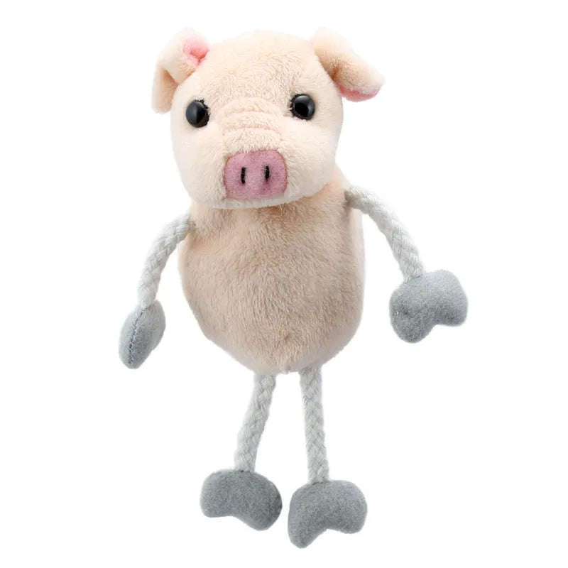 The Puppet Company Pig Finger Puppet is a small plush toy with a light pink body, black eyes, a pink snout, floppy ears, and gray hooves. It's perfect for playful storytelling and creative play due to its soft material.