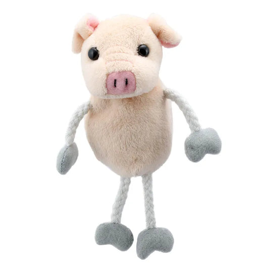 The Puppet Company Pig Finger Puppet is a small plush toy with a light pink body, black eyes, a pink snout, floppy ears, and gray hooves. It's perfect for playful storytelling and creative play due to its soft material.