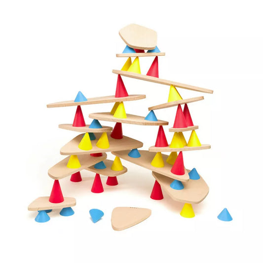 The Piks Construction Big Kit – 64 pieces features wooden planks and colorful cones in red, yellow, and blue. This balancing toy enhances children's development by allowing them to creatively stack pieces into layered, dynamic structures that inspire imagination.