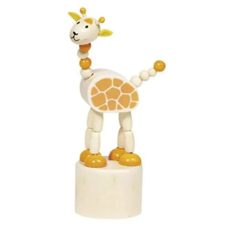 The Animal Push-up Giraffe, an ideal stocking filler, stands on a small cylindrical base and showcases a rounded body with jointed limbs and a cheerful expression. Adorned with painted spots in natural wood hues, this delightful fidgety toy is highlighted by its orange and yellow accents.