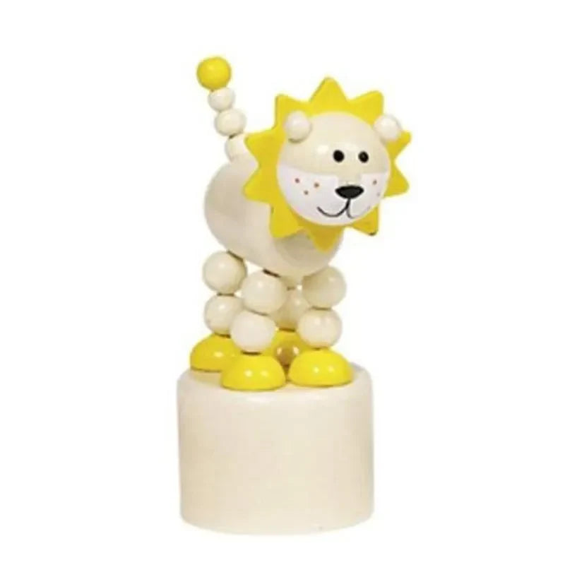 The Animal Push-up Lion is a wooden fidget toy featuring a lion with a round body crafted from cream and yellow beads, resting on a cylindrical base. Its sun-shaped mane and cute, friendly expression make this traditional toy an ideal stocking filler.