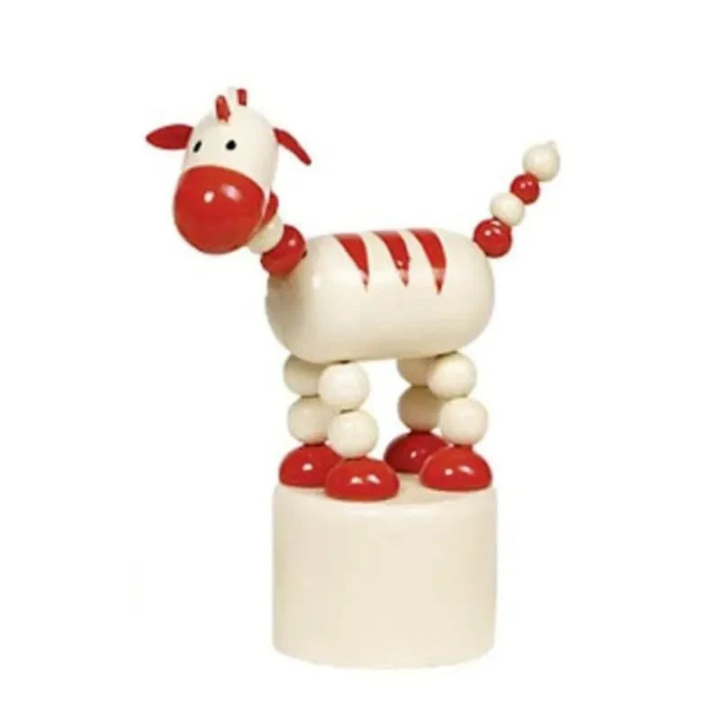 The Animal Push-up Zebra is a delightful wooden fidget toy with a white and red striped body that stands on a circular base. It has spherical beads composing its body and legs, along with a red snout, ears, and tail, making it an ideal traditional stocking filler for the holiday season.