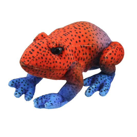 The Puppet Company Red Frog Finger Puppet from the Little Creatures Range features a vibrant red and orange body with black spots and bright blue legs, making it perfect for imaginative play. Displayed on a white background.