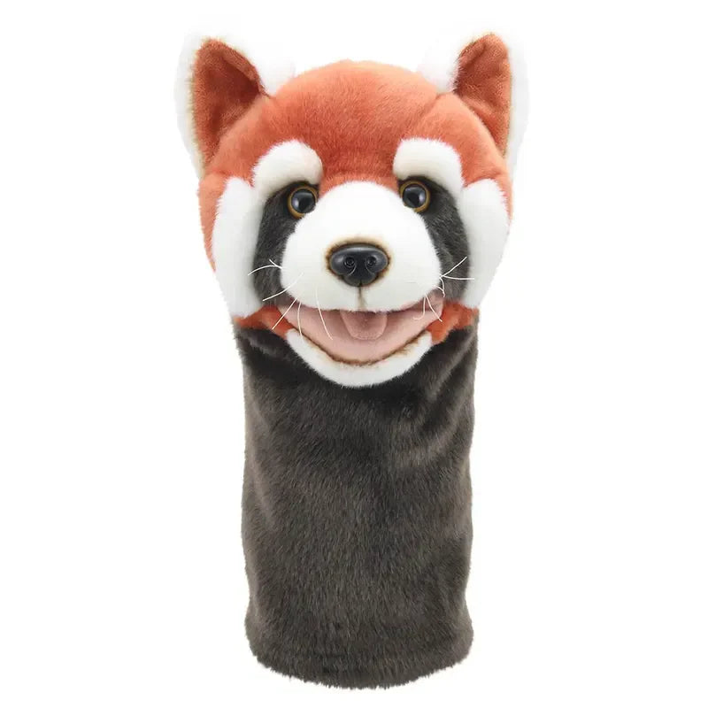 Introducing the Jumbo Friends Red Panda Hand Puppet, a plush hand puppet with a soft, fuzzy texture, featuring a smiling face, brown and white markings, rounded ears, and a fluffy brown body—ideal for playful storytelling adventures.