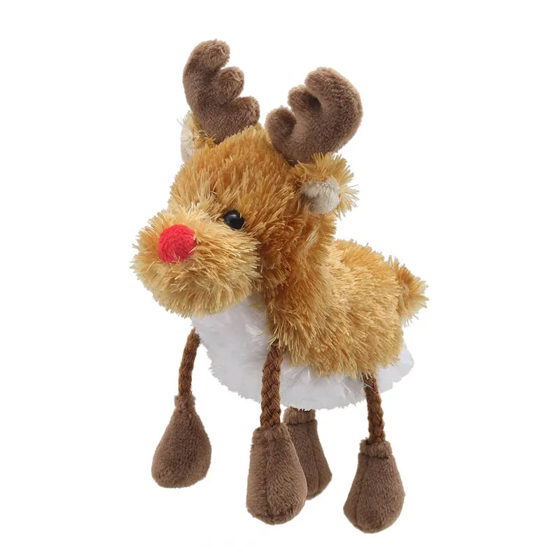 The Puppet Company Finger Puppet Reindeer is ideal for storytime, featuring a red nose, brown fur, dark brown antlers, brown hooves, and a fluffy white belly. It's perfect as a playful companion or for Christmas storytelling.