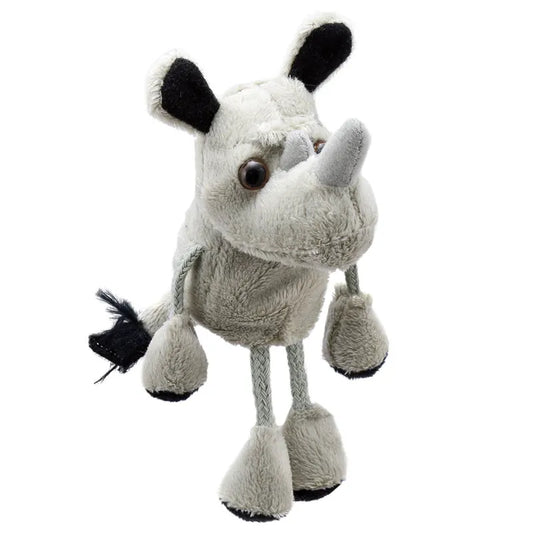 The Puppet Company Rhino Finger Puppet is a plush, cartoon-like toy featuring black ears, feet, and tail. Designed for creative play, it stands upright with large round eyes and a soft grey fabric horn. Its exaggerated legs add whimsy to imaginative storytelling adventures.