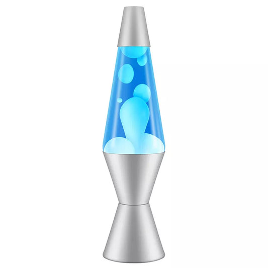 A Lava Lamp Classic (White/Blue) 14.5" with blue liquid and melting wax bubbles, perfect for a teen's bedroom as a sensory activity.