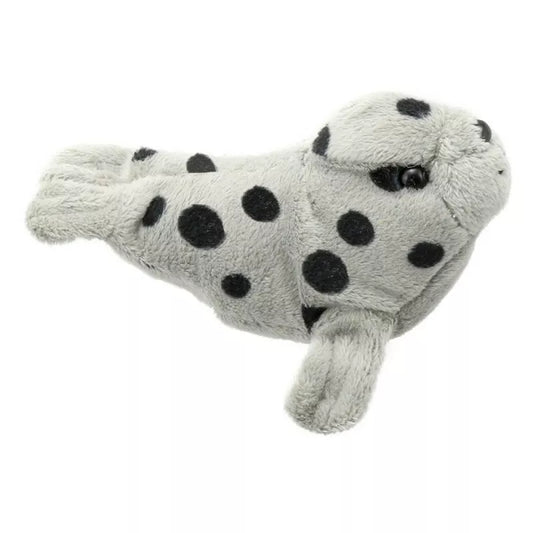 A Puppet Company Finger Puppet Show featuring a Grey seal with a black and white polka dot pattern.