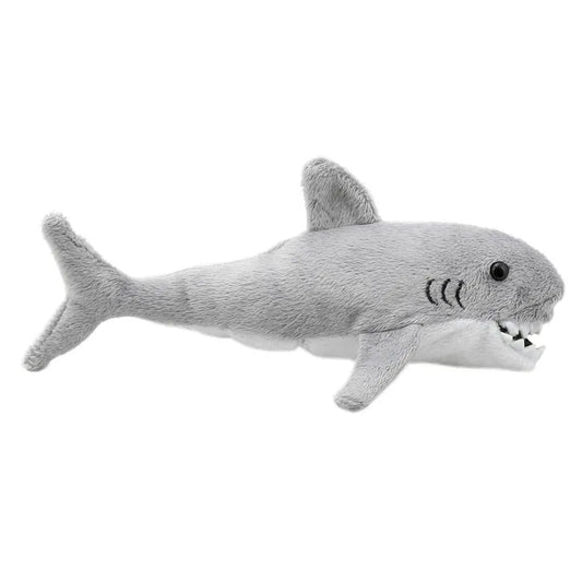 The Puppet Company Great White Shark Finger Puppet features a small dorsal fin, friendly expression, and soft teeth, making it perfect for imaginative play adventures with its white underside.
