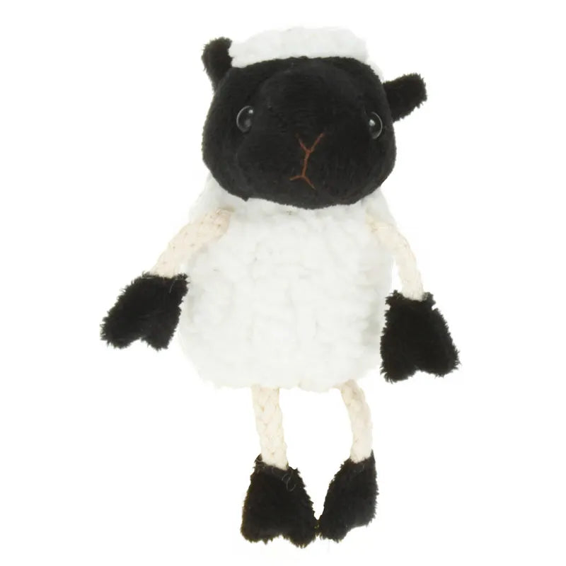 Introducing The Puppet Company White Sheep Finger Puppet: a plush toy with a fluffy body, black face, ears, and legs. Ideal for storytelling and creative play, it offers a simple, cute design against a plain white background.