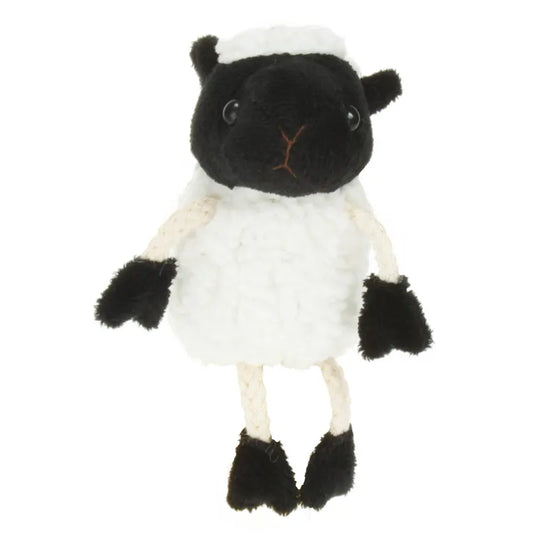 Introducing The Puppet Company White Sheep Finger Puppet: a plush toy with a fluffy body, black face, ears, and legs. Ideal for storytelling and creative play, it offers a simple, cute design against a plain white background.