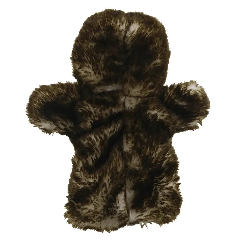 A faux fur, ECO Puppet Buddies Sloth Hand Puppet made from recycled materials, in dark brown hues, shot against a white background, with distinct head, arms, and legs visible.