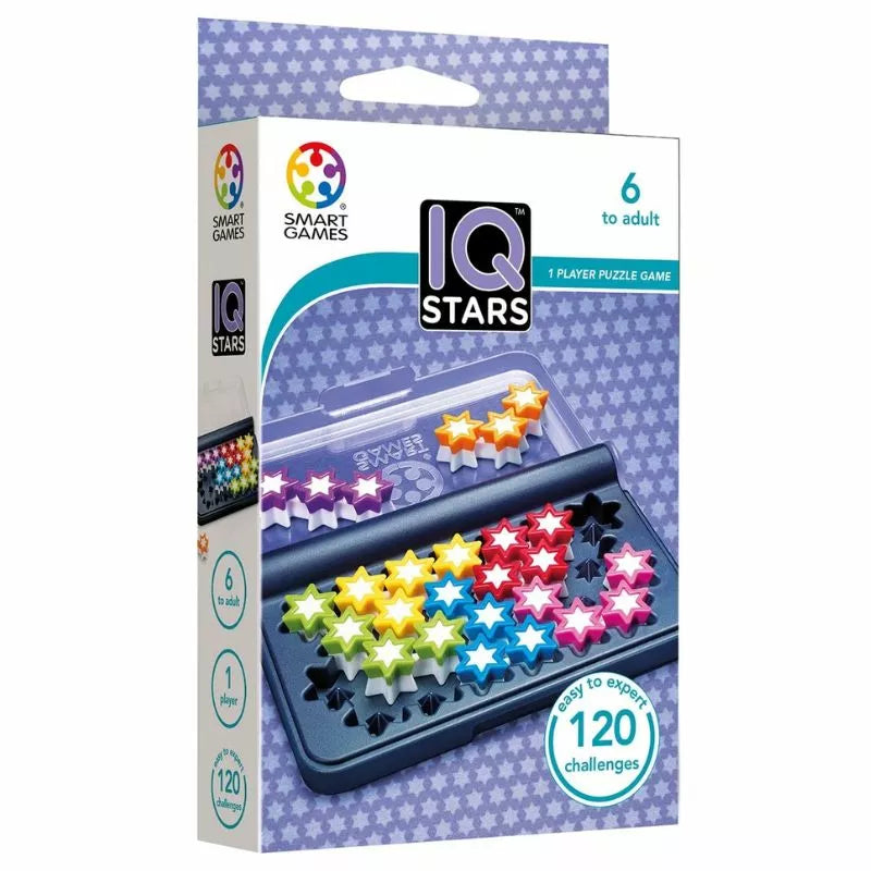 SmartGames IQ Stars features colorful star puzzle pieces on a blue tray. Designed for solo players aged 6 to adult, it offers 120 logic challenges from easy to expert levels.