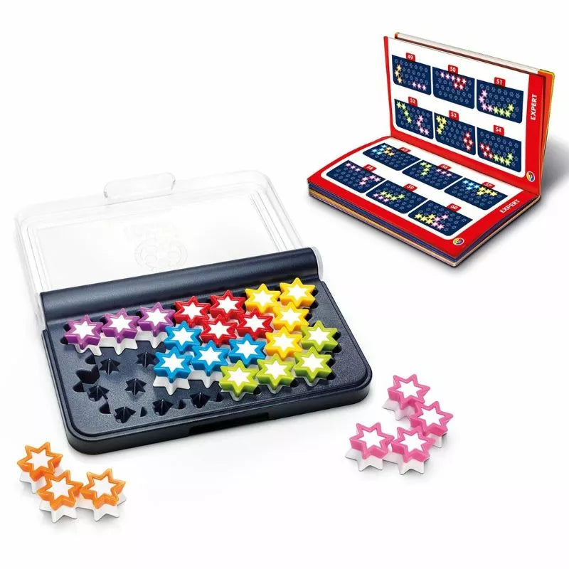 The SmartGames IQ Stars is a captivating logic puzzle game with colorful star pieces in a stylish black case and clear lid. An included booklet reveals challenge patterns, showcasing diverse piece configurations on each page.