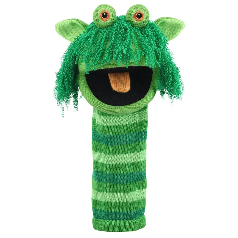 The Puppet Company Sockette Squelch is a green striped sock puppet with googly eyes, floppy ears, and shaggy green yarn hair, made from recycled materials—an eco-friendly hand puppet perfect for imaginative play.