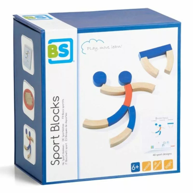 The "Buitenspeel Sport Blocks Puzzle Game" is a wooden block set with 48 vibrant sport designs, featuring block figures engaged in various sports. It's an observation game and educational tool for kids aged 6+, promoting playful learning and coordination.