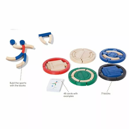 The Buitenspeel Sport Blocks Puzzle Game features colorful wooden blocks arranged by color into circles or semi-circles for a fun observation game. It includes 48 example cards and a note saying, "Build the sports with the blocks," with 71 pieces total.