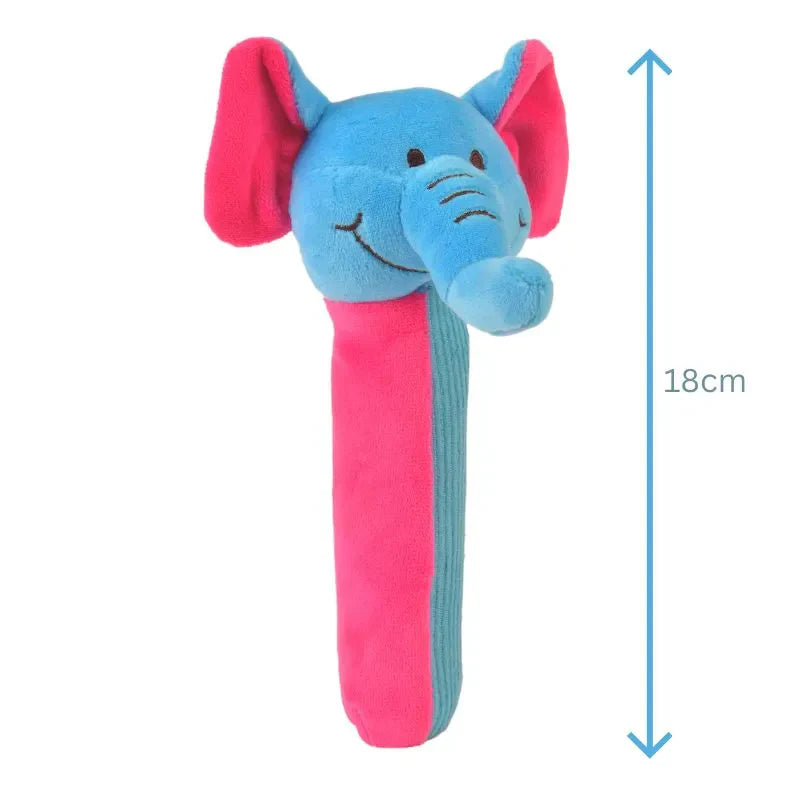 The Fiesta Crafts Squeakaboo Elephant is a plush toy for newborns, featuring a blue face and trunk, pink ears, and an 18 cm tall pink and blue body with height indicated by an arrow. An ideal sensory companion.