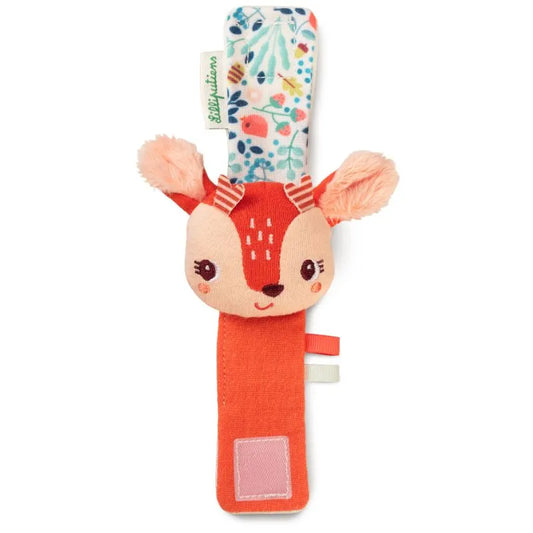 The Lilliputiens I'm Discovering Stella Bracelet Rattle, a charming baby toy, features a smiling animal face with fabric ears and a colorful strap adorned with multicolored floral and abstract designs, making it an ideal birth present for little ones.