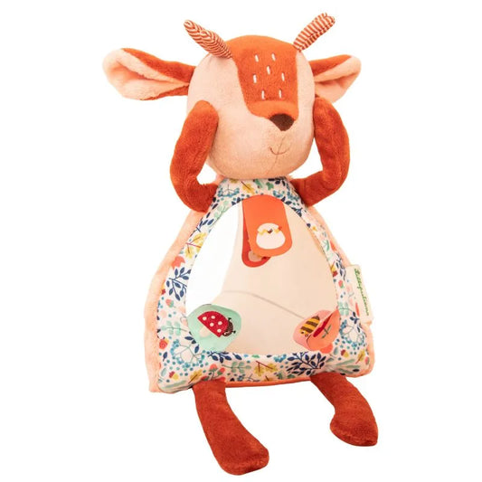 The Lilliputiens I'm Discovering Stella Peekaboo Mirror is a plush orange fawn toy featuring patterned fabric details, a soft tummy mirror, magnetic hands, colorful shapes, and a floral border for sensory play.