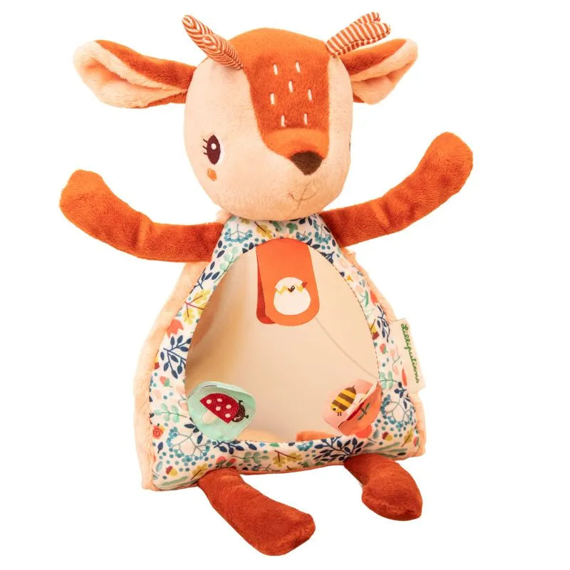 The Lilliputiens I'm Discovering Stella Peekaboo Mirror is a soft, plush sensory toy with orange-brown fur, patterned belly, an open pouch holding hanging ladybug, bird, and bee toys, stitched features, magnetic hands, and raised arms.