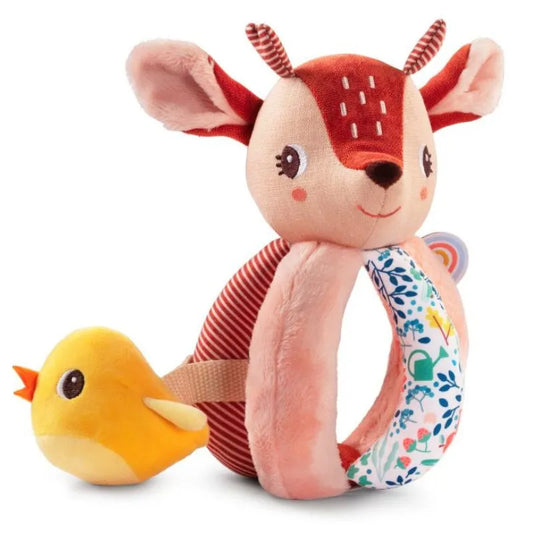 The Lilliputiens I'm Discovering Stella The Faon Rattle With Handles features a red and pink deer with embroidered details, a multicolored floral ring for delightful textures, and an attached yellow bird with an orange beak to charm and captivate little ones.