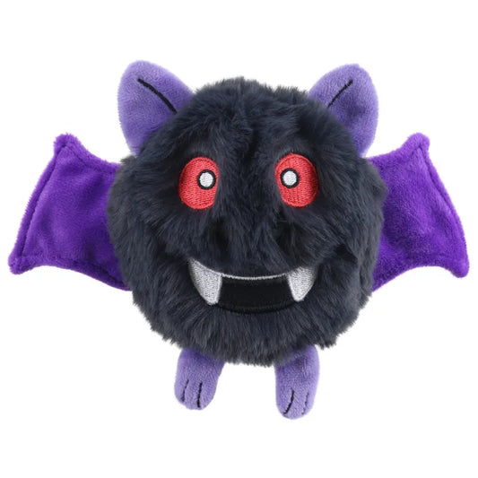 Meet Swoop, the Micro Monster Finger Puppet by The Puppet Company—a round, fluffy black plush with purple bat wings, pointed ears, small purple legs, red eyes, a wide grin, and two soft white fangs. Your perfect cuddly companion!.