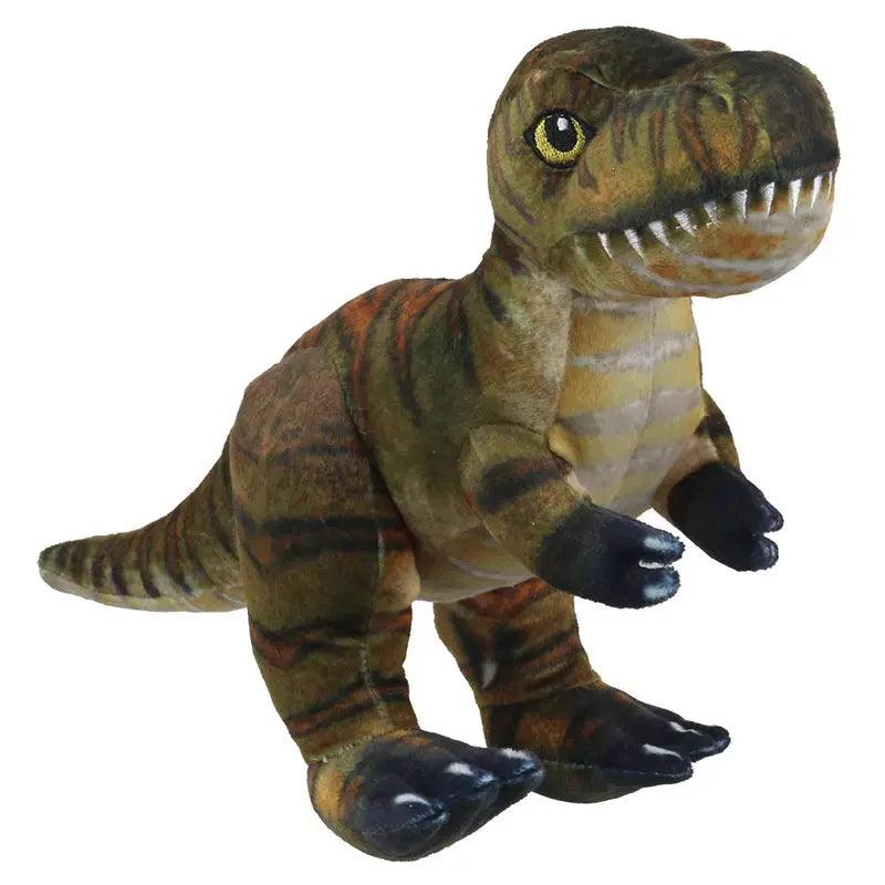 The Natural History Museum Large T-Rex Soft Toy features green and brown striped fur, white teeth, yellow eyes, black-tipped claws, and stands upright on its hind legs like a real dinosaur.