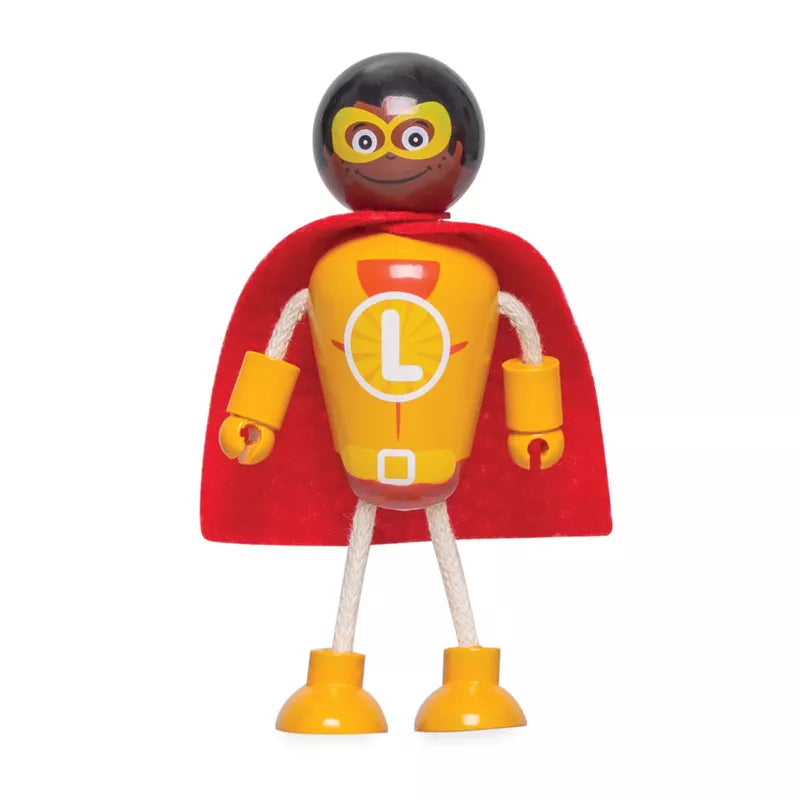A Superhero Figure Pack suitable for imaginative play, wearing a red cape and yellow boots, featuring a clock face on its chest and rope-like arms and legs, isolated on a white background.