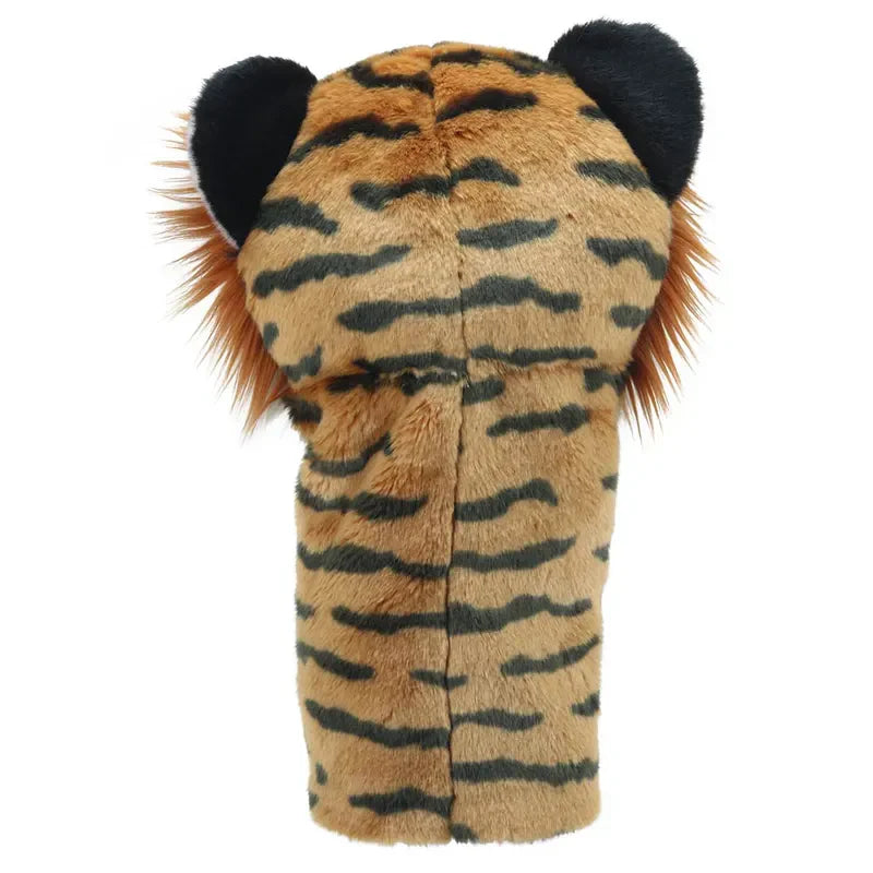Introducing the Jumbo Friends Tiger Hand Puppet: a plush companion designed to inspire creativity. With vibrant orange fur, black stripes, and a fluffy mane, it's ideal for imaginative backseat adventures. Its small black ears add the perfect finishing touch to this charming character.