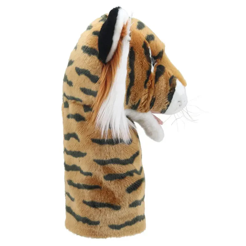 Side view of a Jumbo Friends Tiger Hand Puppet with realistic stripes, white whiskers, and a pink tongue. The black-tipped ears have small white tufts. Its soft, furry texture sparks imagination in kids and adults alike.