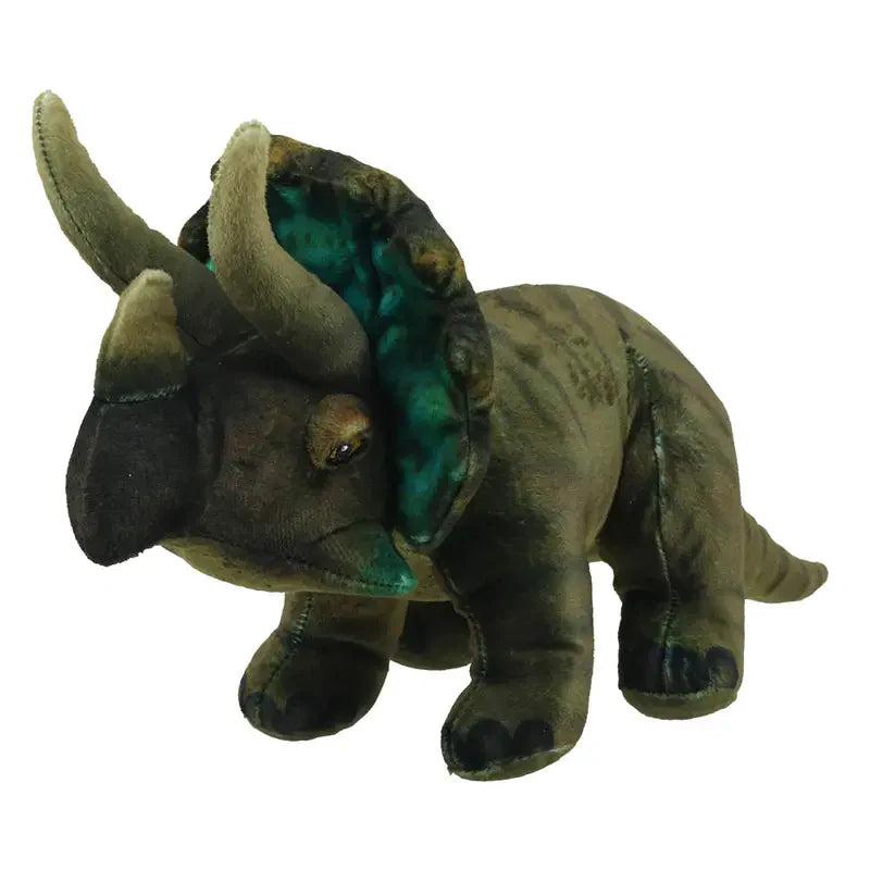 The Natural History Museum Large Triceratops Soft Toy features green and brown fabric, three face horns, and a frilled head—ideal for fans of dinosaurs and collectors of prehistoric toys.