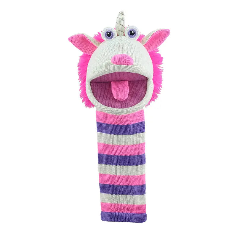 The Puppet Company Sockette Twinkle is a vibrant unicorn hand puppet crafted from recycled materials, featuring googly eyes, a white horn, pink mane and ears, a wide open mouth, and pink, purple, and white striped design.