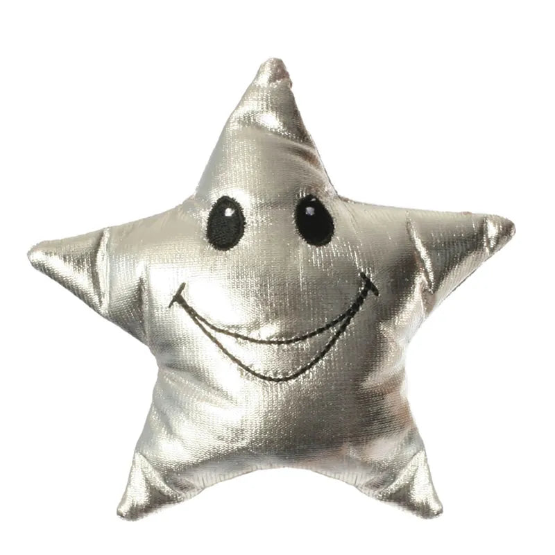 The Puppet Company Twinkle Twinkle Little Star Finger Puppet is a shiny silver star-shaped pillow with a smiling face, black eyes, and a curved mouth. Its metallic texture adds reflective charm, making it perfect for creative play and an imaginative companion for bedtime stories.