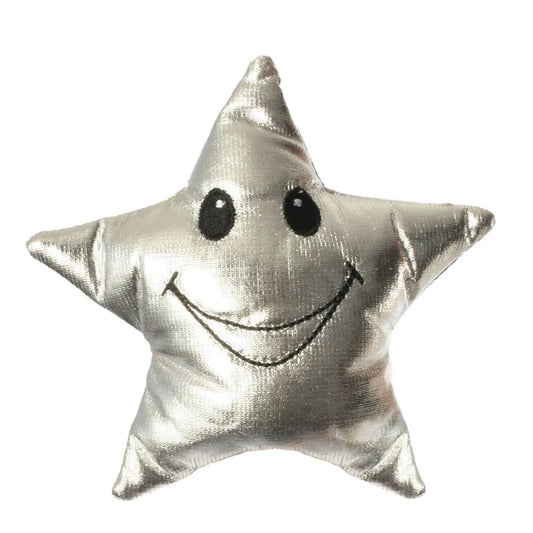 The Puppet Company Twinkle Twinkle Little Star Finger Puppet is a shiny silver star-shaped pillow with a smiling face, black eyes, and a curved mouth. Its metallic texture adds reflective charm, making it perfect for creative play and an imaginative companion for bedtime stories.