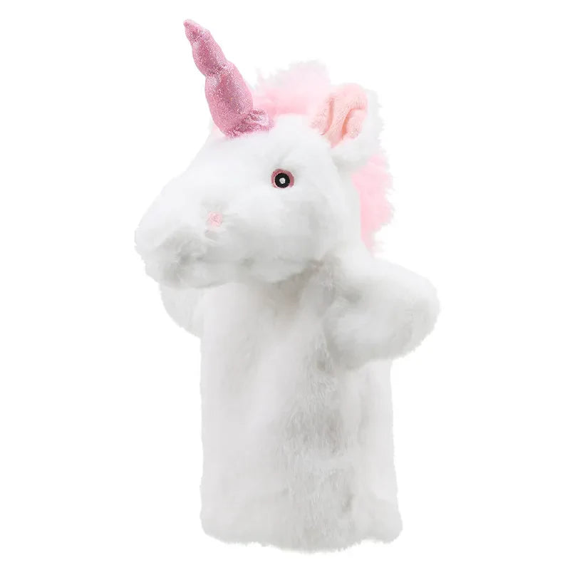 The ECO Puppet Buddies Unicorn Hand Puppet is a fluffy, white hand puppet shaped like a unicorn and crafted from 100% recycled materials. It features a shiny pink horn and mane, small black eyes, and an open mouth, making it perfect for imaginative play against the plain white background.