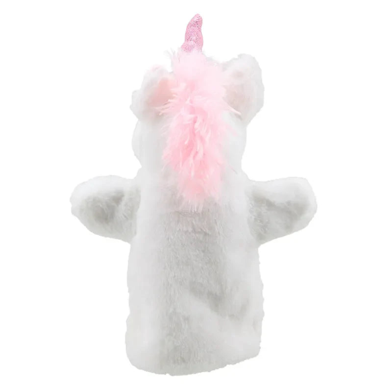 The ECO Puppet Buddies Unicorn Hand Puppet is a white plush unicorn hand puppet made from recycled materials, featuring a pink, fluffy mane and a sparkly pink horn. Ideal for imaginative play, the puppet is positioned facing away, showing its back side.