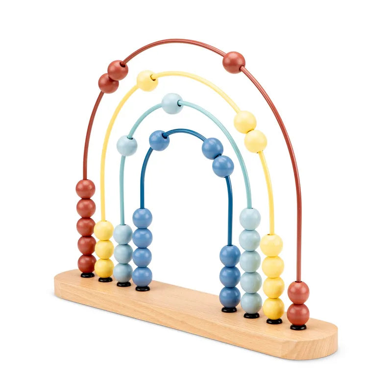 The Abacus 10 Beads features three wooden arches with colorful red, yellow, and blue beads strung on varying heights of metal wires for a fun math experience. It has a natural wood-colored base.