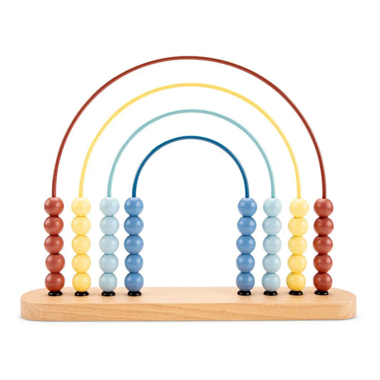 The Abacus 10 Beads features three rainbow-shaped wires with red, yellow, and blue beads on a wooden toy. Its rectangular base offers a sturdy stand for a delightful introduction to basic math skills.