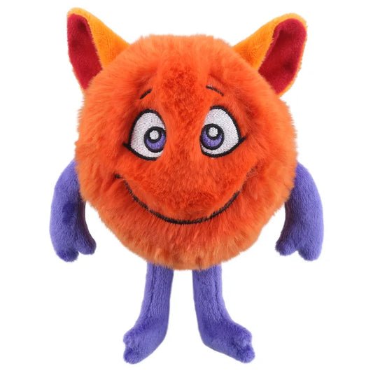 The Womp Micro Monster Finger Puppet by The Puppet Company features a round, fuzzy orange body, large purple embroidered eyes, a smiling mouth, orange and red pointy ears, plus purple arms and legs—perfect for joyful hugs.