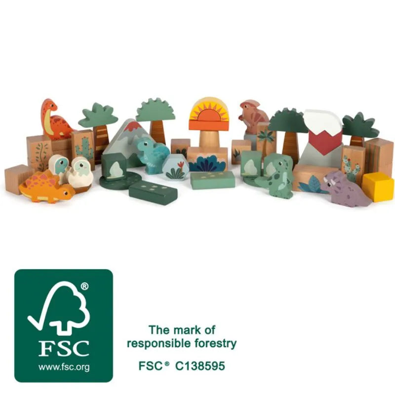 The Wooden Building Blocks Dino set includes colorful animals, trees, and plants in a playful scene with a sun backdrop. Featuring the FSC logo for responsible forestry, it's ideal for dinosaur lovers and pairs perfectly with dino figurines for added fun.
