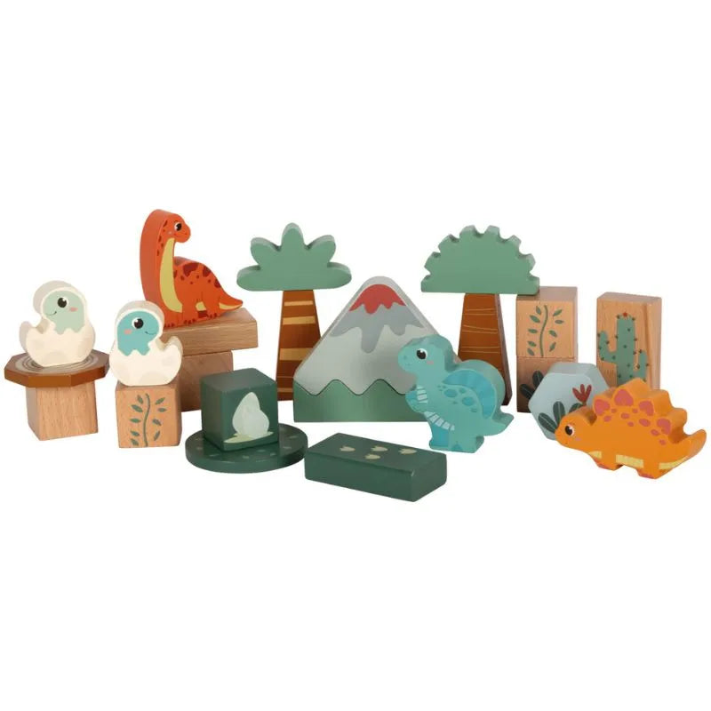 The Wooden Building Blocks Dino set is perfect for dinosaur lovers, featuring colorful wooden toy dinosaurs, dino figurines, trees, a volcano, various dinosaurs, and dino eggs to create a vibrant prehistoric scene against a simple white background.