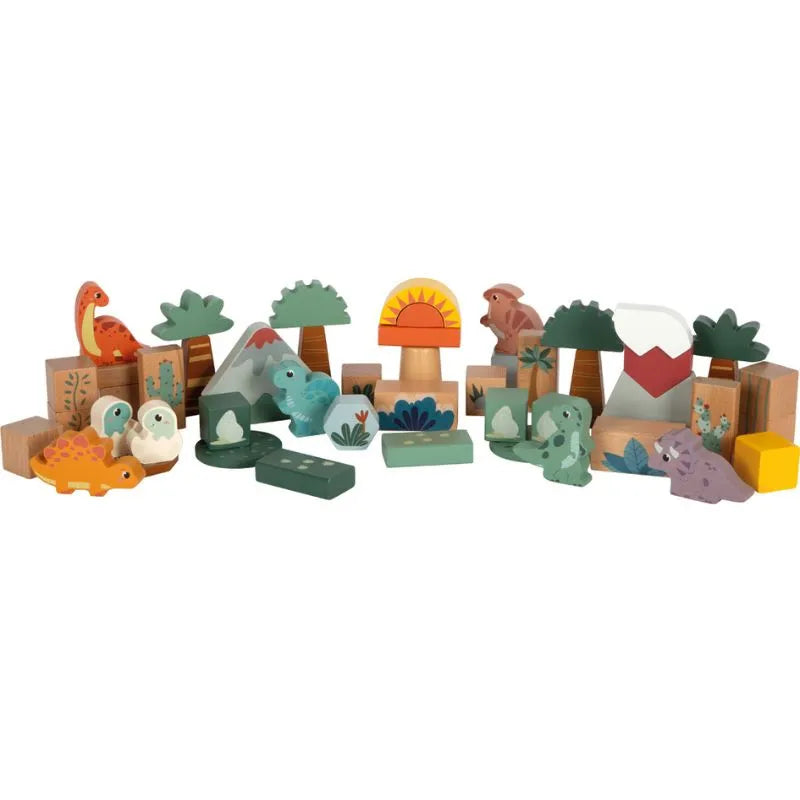 The "Wooden Building Blocks Dino" set features colorful wooden blocks, dino figurines, and shapes like trees, plants, and a volcano. With a rising sun and small structures, it creates a captivating prehistoric scene for dinosaur enthusiasts.