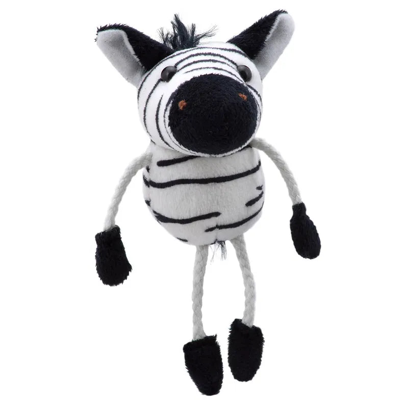 The Puppet Company Zebra Finger Puppet is a plush zebra toy with a round body, black-and-white stripes, white rope-like limbs, black ears, snout, hooves, and tuft of hair—ideal for storytelling adventures.